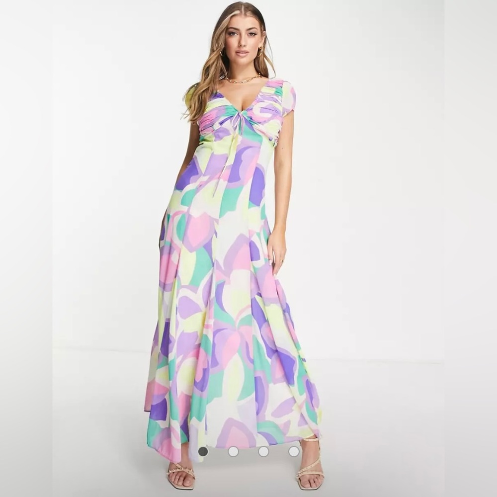 ASOS Design ruched maxi dress with tie detail in abstract floral paint
